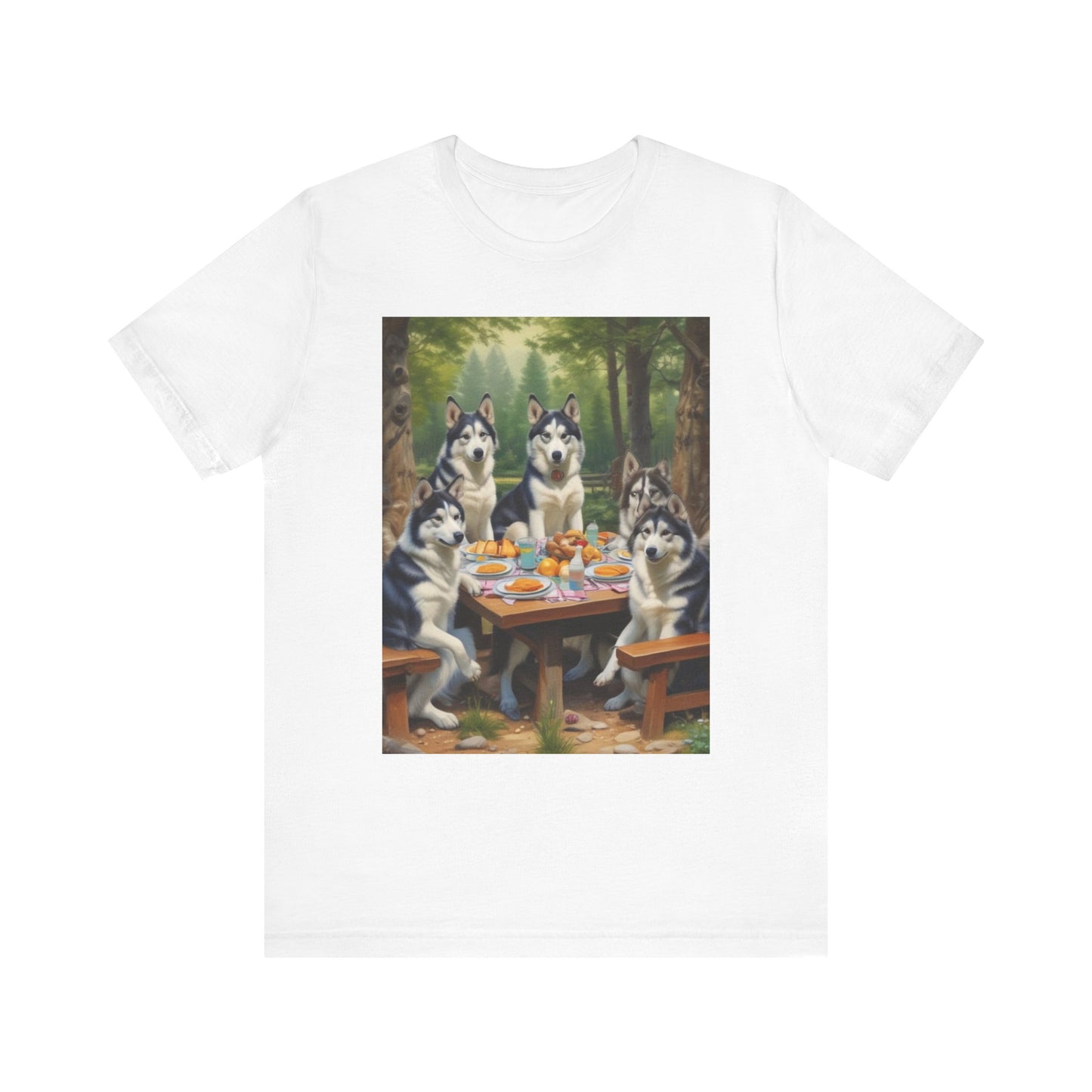 Unisex Jersey Short Sleeve Tee huskys  having a meal canadian artic dept