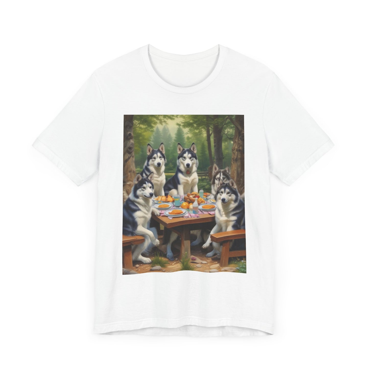 Unisex Jersey Short Sleeve Tee huskys  having a meal canadian artic dept